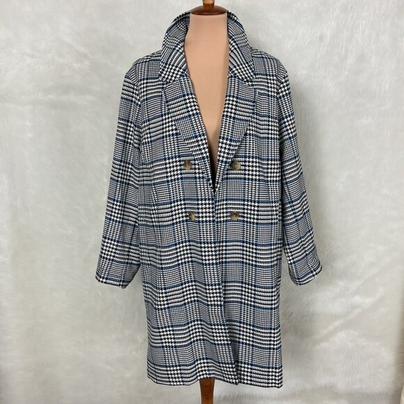 J. Jill Long Houndstooth Plaid Duster Jacket Blue Black Barley Multi NWT XLP - Picture 1 of 7